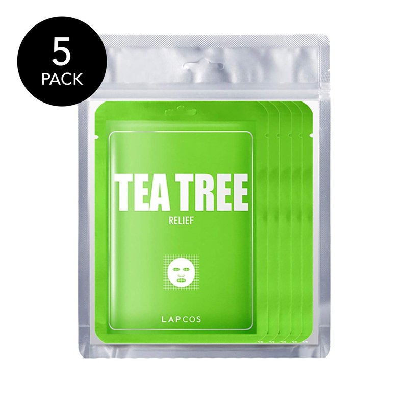 LAPCOS K Beauty Derma Tea Tree Sheet Mask - Soothing & Calming Face Mask with Althaea Flower for Irritated & Sensitive Skin - Breathable, Lightweight TMF-Cell Sheet - Korean Skin Care (Pack of 5)