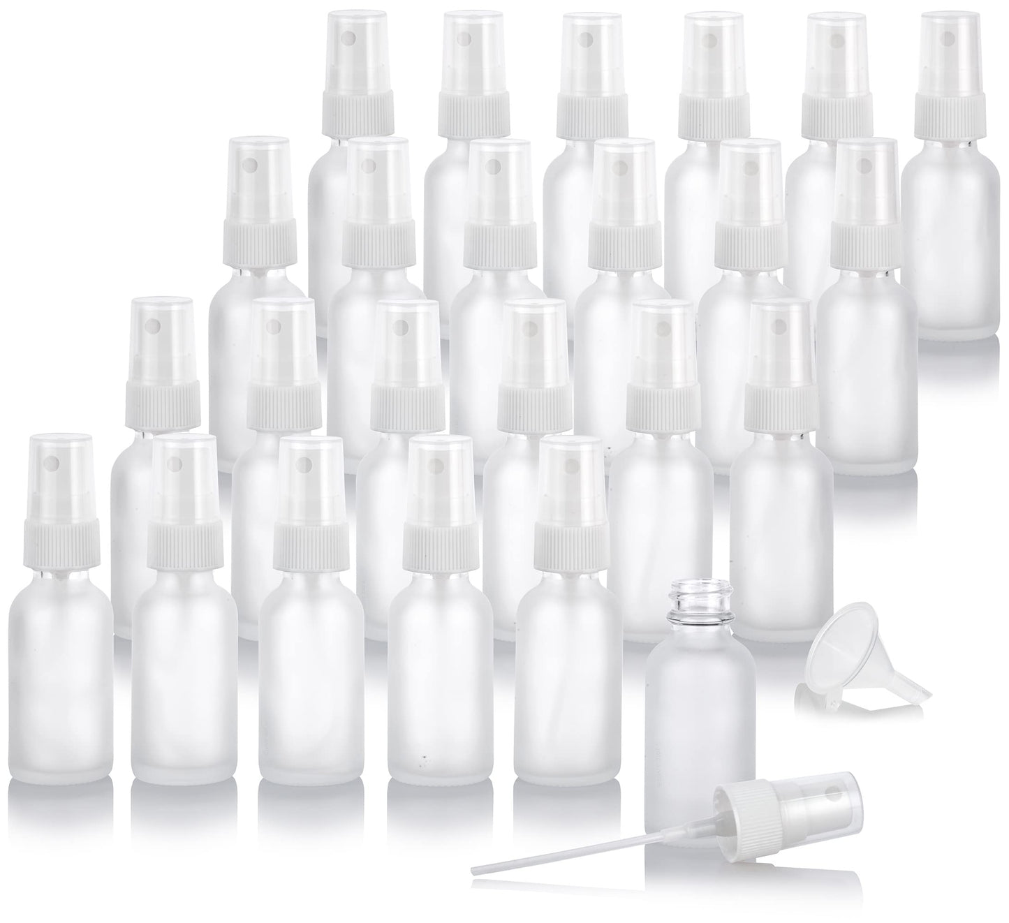 JUVITUS (24 pack) 1 oz Clear Frosted Glass Boston Round Bottle with White Fine Mist Spray + Funnel