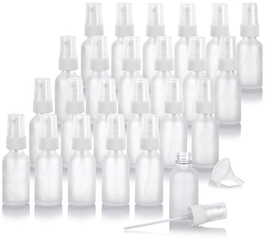 JUVITUS (24 pack) 1 oz Clear Frosted Glass Boston Round Bottle with White Fine Mist Spray + Funnel