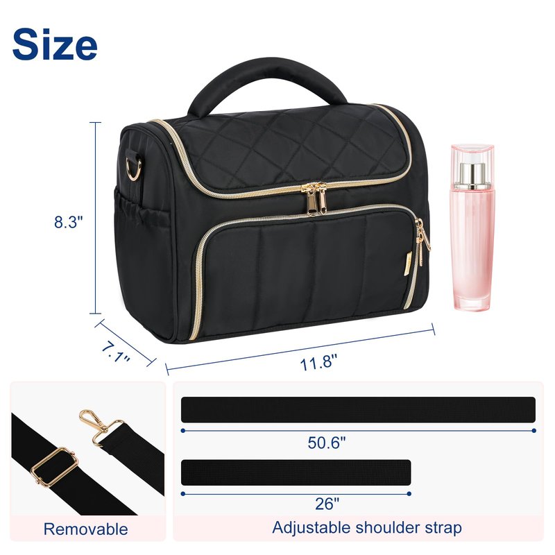 GR69N Travel Makeup Bag Large Capacity Cosmetic Organizer Bag for Women,Flat-Opening Make Up Case Travel Bag Waterproof Toiletry Bag for traveling,Toiletries,Essentials,Accessories,Black