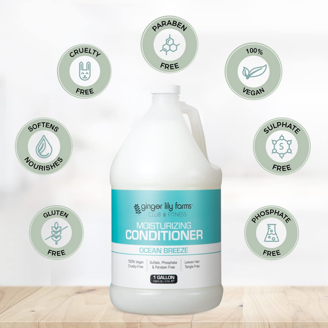 Ginger Lily Farms Club & Fitness Moisturizing Conditioner for Dry Hair, 100% Vegan & Cruelty-Free, Ocean Breeze Scent, 1 Gallon (128 fl oz) Refill