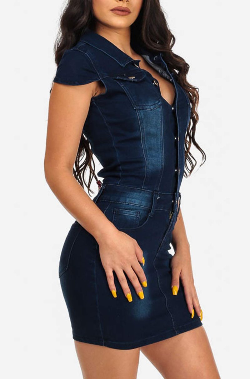 chouyatou Women's Cap Sleeve Bodycon 1/2 Button Placket Mini Denim Pencil Dress (XX-Large, Dark Blue)
