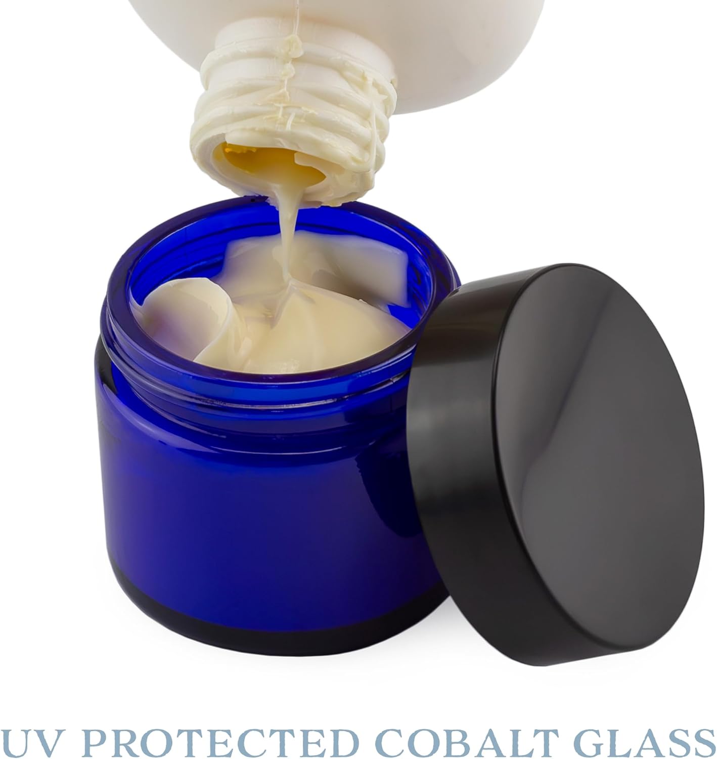 Cobalt Blue Glass Cosmetic Jars - 2oz Straight Sided Jars with Black Lined Lids | Pack of 12 for Balms & Creams