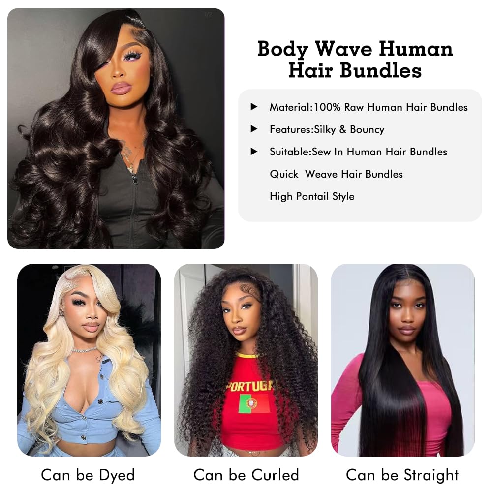 Body Wave Human Hair Bundles - 100% Unprocessed Brazilian Virgin Hair Extensions | 10, 12, 14 Inch Natural Color for Black Women
