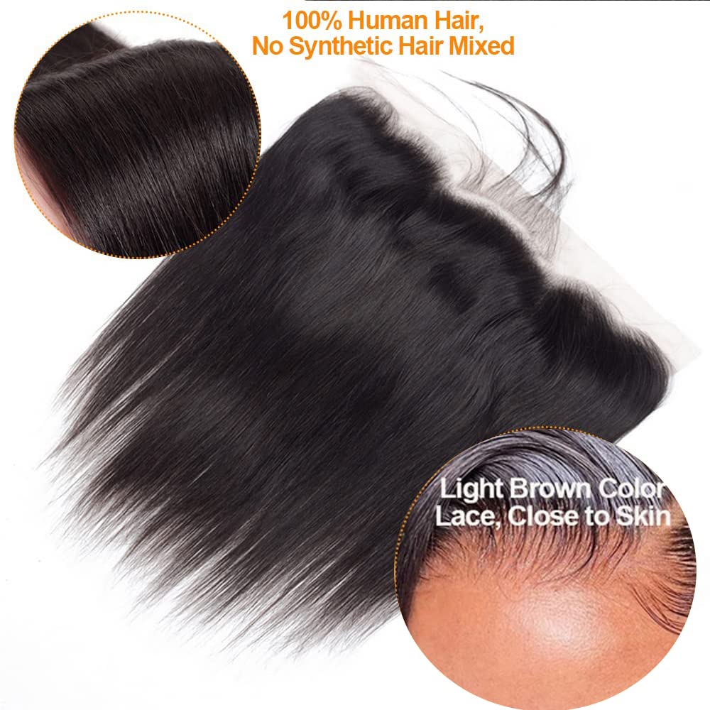 QTHAIR Straight HD Lace Frontal Human Hair 18A Brazilian Straight Human Hair Ear to Ear 13x4 Swiss Lace Frontal(14",Natural Color) Pre Plucked Natural Hairline with Baby Hair