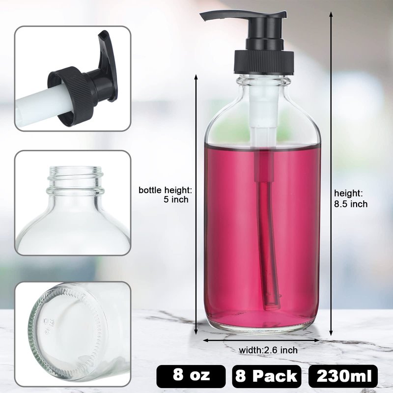 8 Pack Glass Pump Bottles with Black Lotion Pumps 8 oz Refillable Pump Bottles Dispenser Thick Glass Lotion Soap Shampoo Massage Oil Containers Multipurpose for Salon Cosmetic Kitchen Bathroom(Clear)