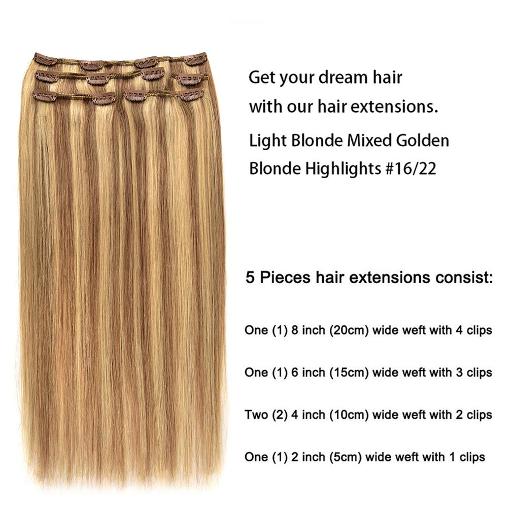 5 Pieces 12" Remy Clip in Ombre Hair Extensions Human Hair Light Blonde Mixed Golden Blond Highlights - Silky Straight Long Thick Real Hair Extensions for Women Fashion (12 inches, #16/22, 60grams)