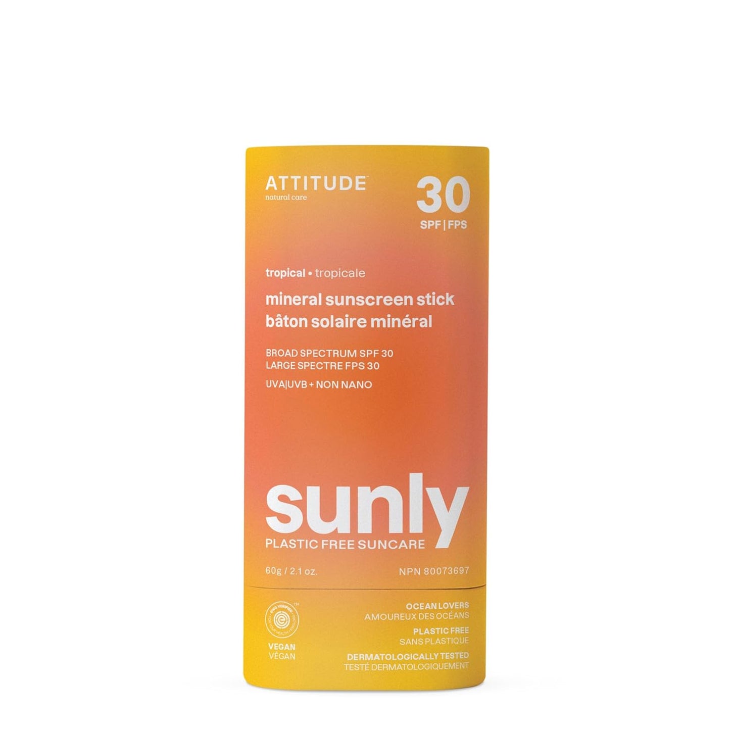 ATTITUDE Mineral Sunscreen Stick - SPF 30 Zinc Oxide, EWG Verified | Vegan, Plastic-Free, Tropical, 2.1 Oz