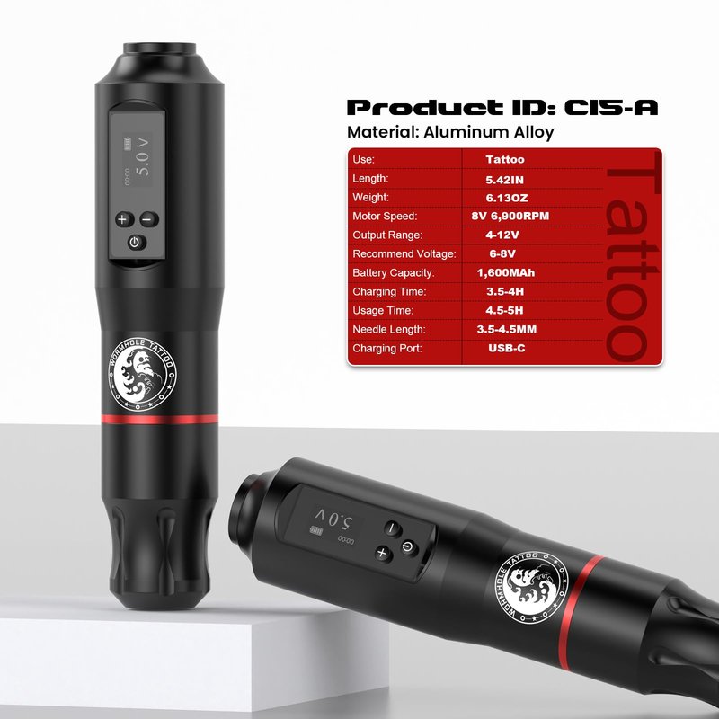 Tattoo Gun Kit, Wormhole Tattoo Kit Wireless Tattoo Machine with 1,600 mAh Capacity Wireless Power Supply Digital LED Display Tattoo Pen Kit WTK279