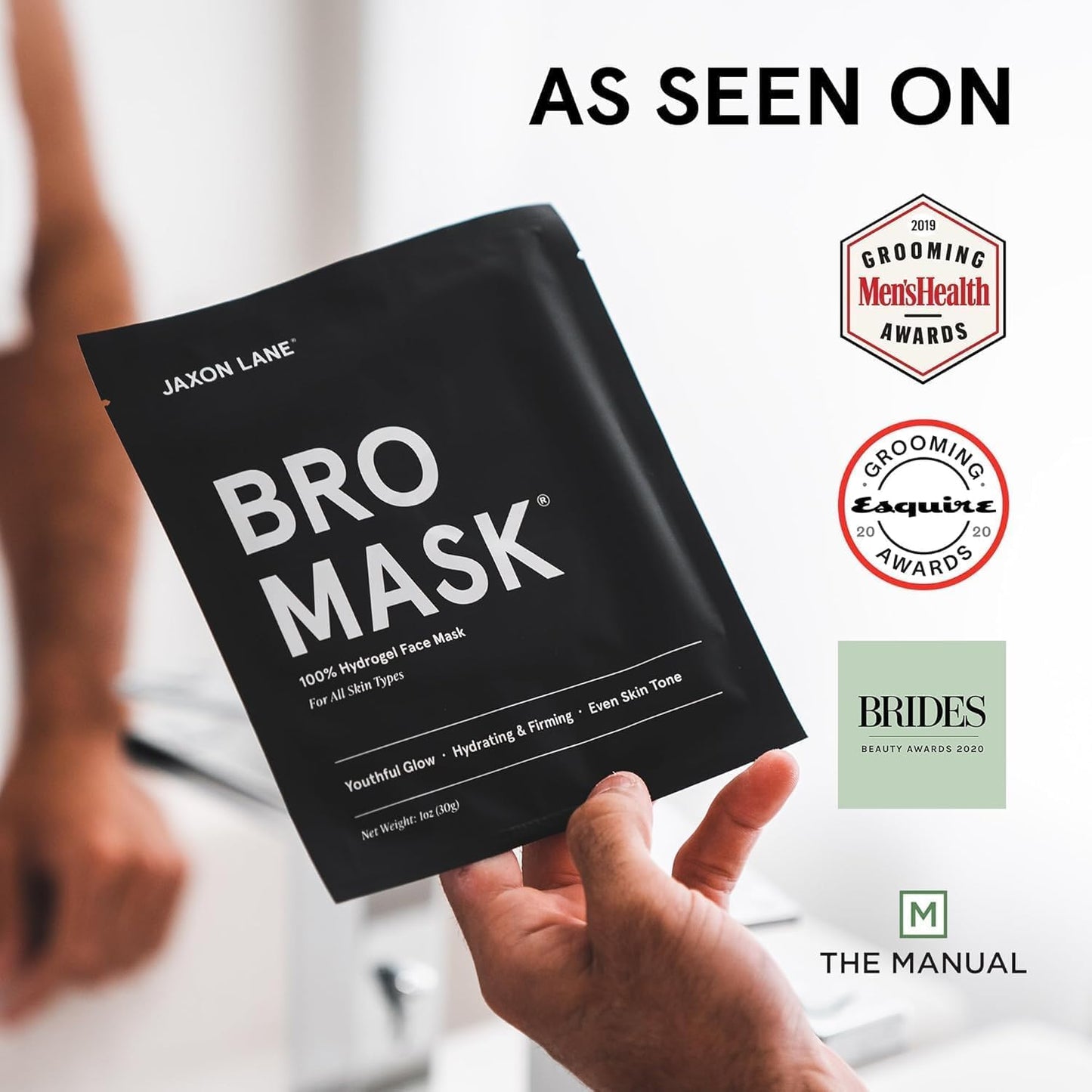 JAXON LANE BRO MASK Premium Korean Face Mask for Men (4x1 Pack) - Anti Aging Sheet Masks w/Hydrogel, Vitamin C, Hydrolyzed Collagen, & Hyaluronic Acid - Perfect Skin Care for Men