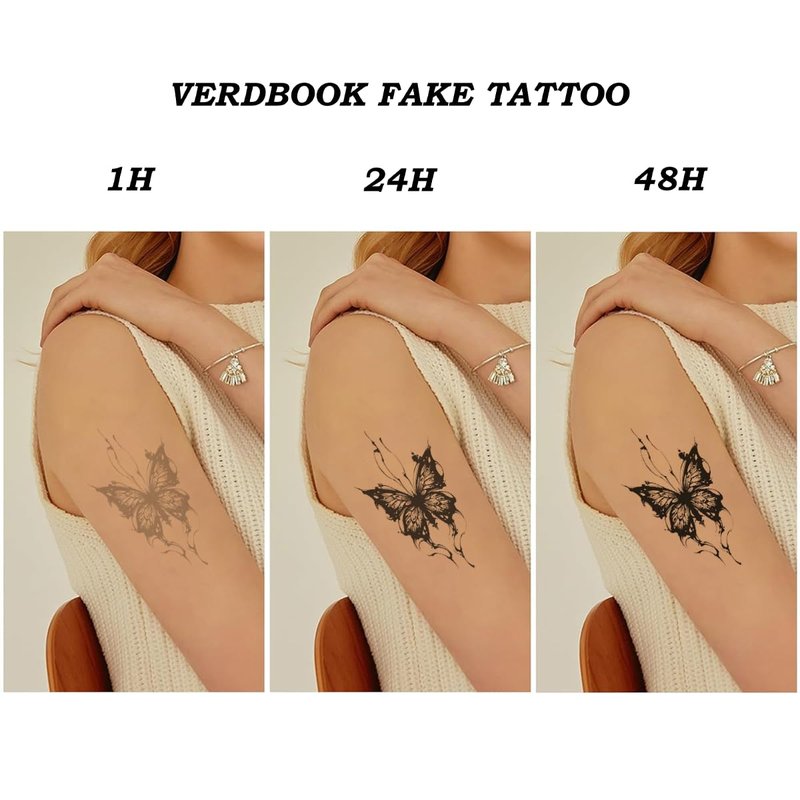 VERDBOOK Waterproof Temporary Tattoos: 2-Sheet Tattoo Kit with Realistic Body Stickers, Semi-Permanent Tattoos for Adults Lasting 7-15 Days – Safe for Men & Women, Butterfly & Heart Pattern