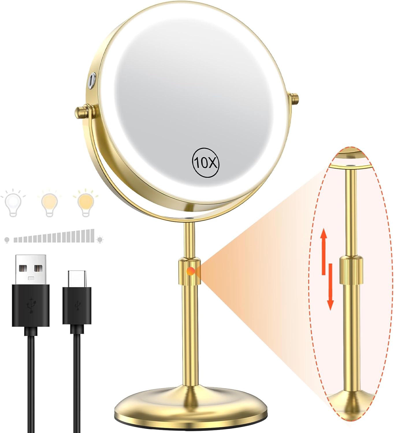 Lighted Makeup Mirror - 7-Inch with 3 Color Lights & 10X Magnification | Adjustable Brightness & Height, 360° Swivel, Gold