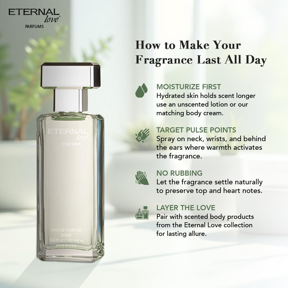 Eternal Love for Men - Long Lasting Eau de Parfum Spray - Premium Clean Fragrance with Amber & Cedarwood - Fresh Sophisticated Scent - 3.4oz