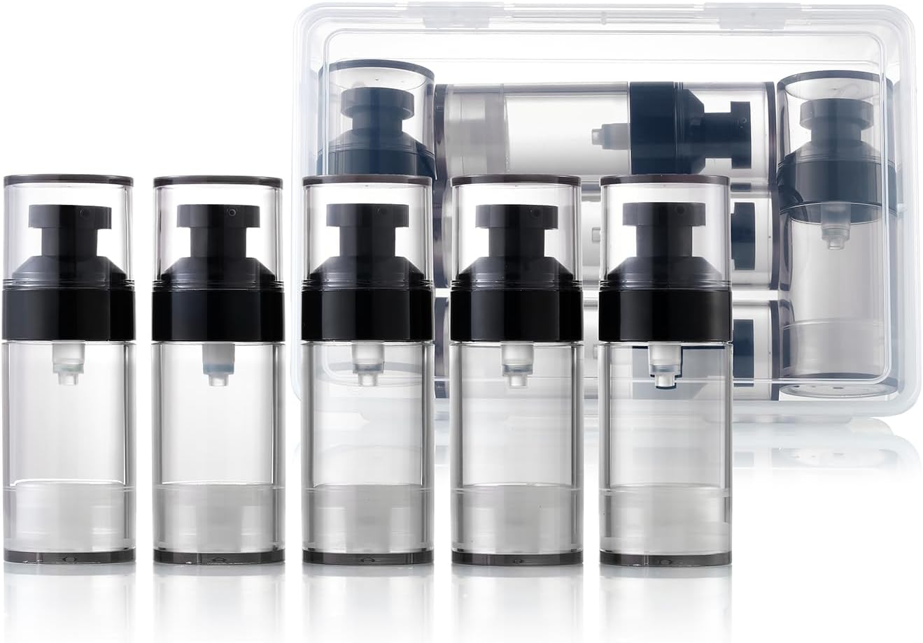 Airless Pump Bottles - 5 Pack 1oz Travel Lotion Dispenser | Leakproof Refillable Containers with Clear Organizer Case