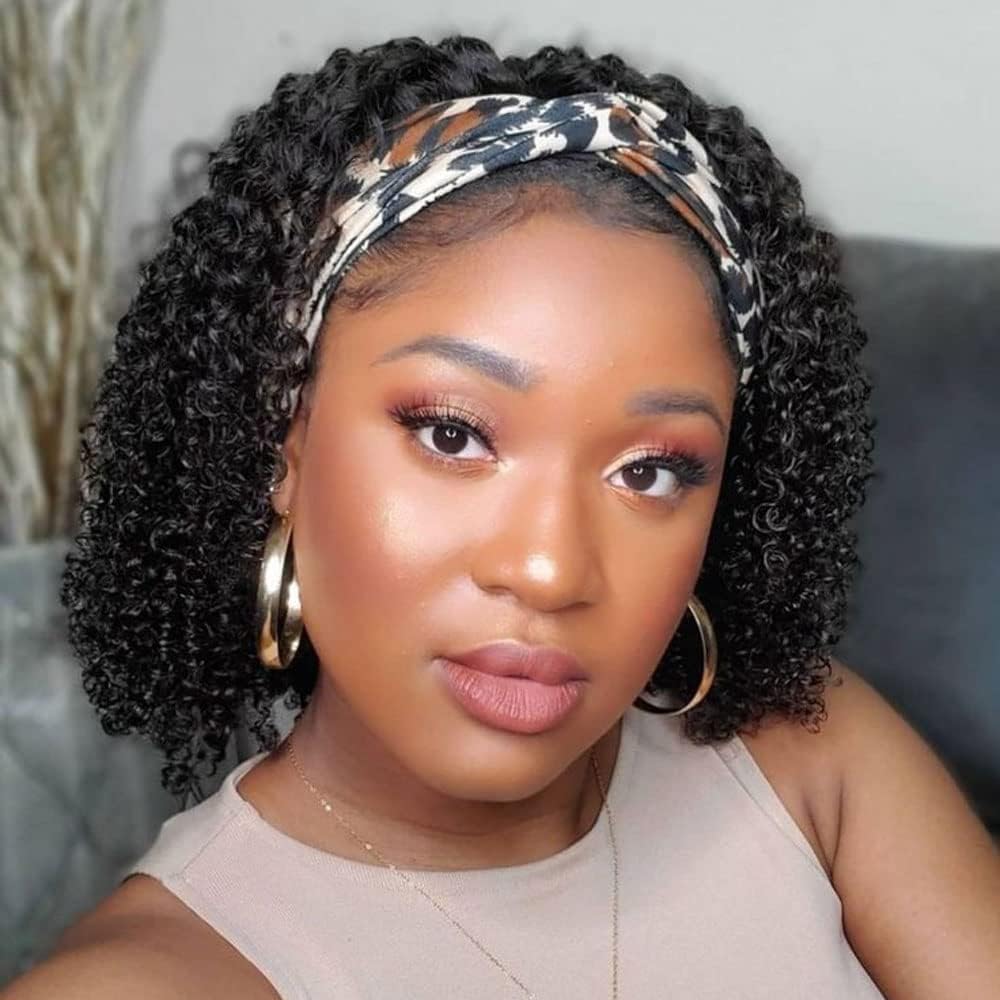 Smoothair Headband Wig Human Hair Kinky Curly Headband Wigs for Black Women Human Hair Wigs Glueless 12 Inch None Lace Front Wigs 150% Density (No Mixed)