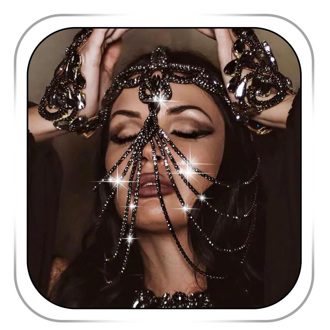 Fdesigner Flapper Mask Head Chain Masquerade Headpiece Rhinestone Costume Hair Accessories (Unique-Black)