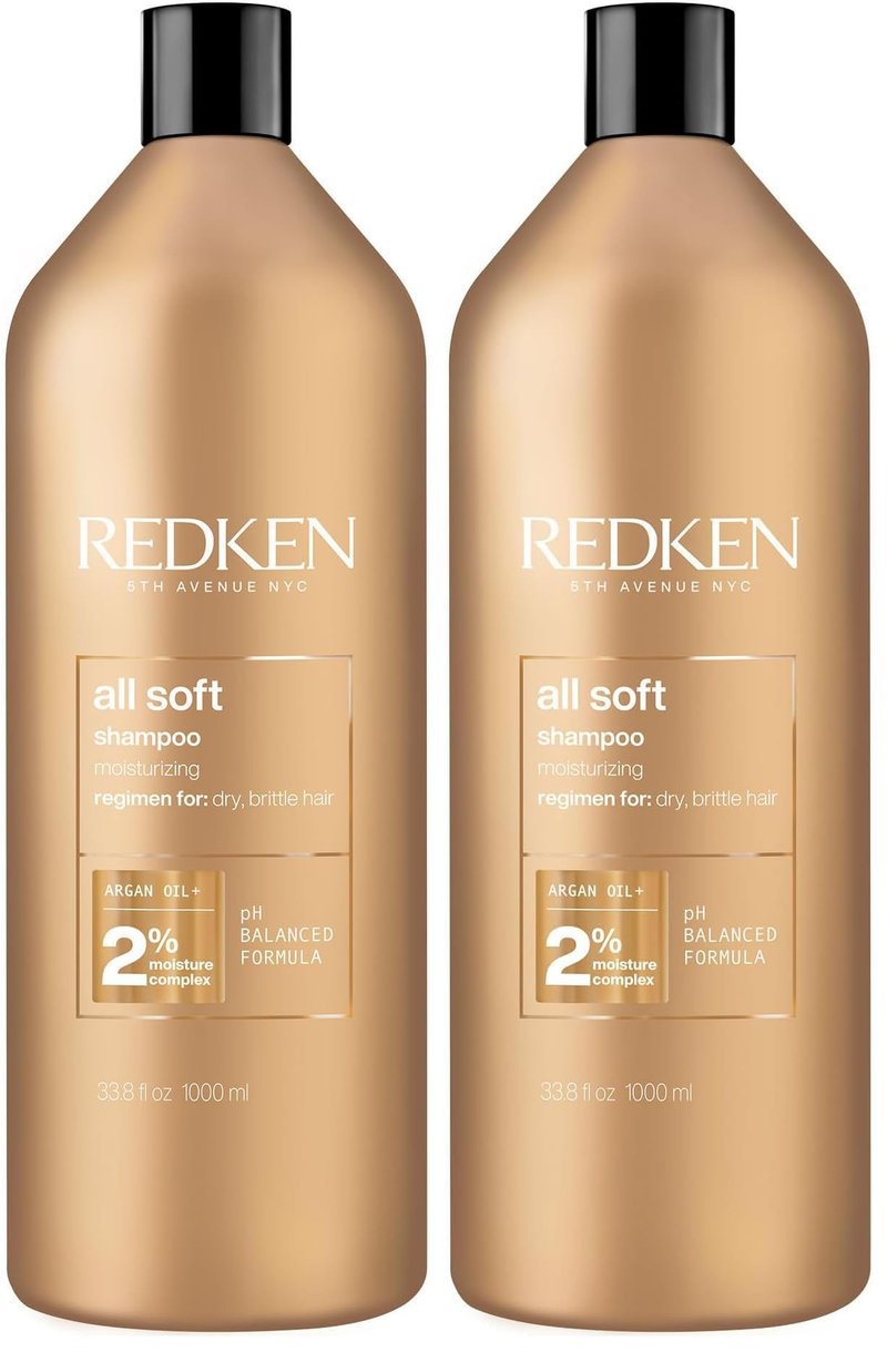 Redken All Soft Shampoo - Moisturizes & Hydrates Dry,Brittle Hair,Gently Cleanses and Softens,With Argan Oil,Safe For Color-Treated Hair,33.8 Fl Oz,(Pack of 2)