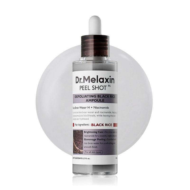 Dr.Melaxin Peel Shot Exfoliating Black Rice Ampoule 2.7 fl.oz - Rice Water AHA BHA Niacinamide Serum for Dead Skin Cells, Blackheads and Pores, Glass Skin Glow, Korean Skin Care Exfoliant