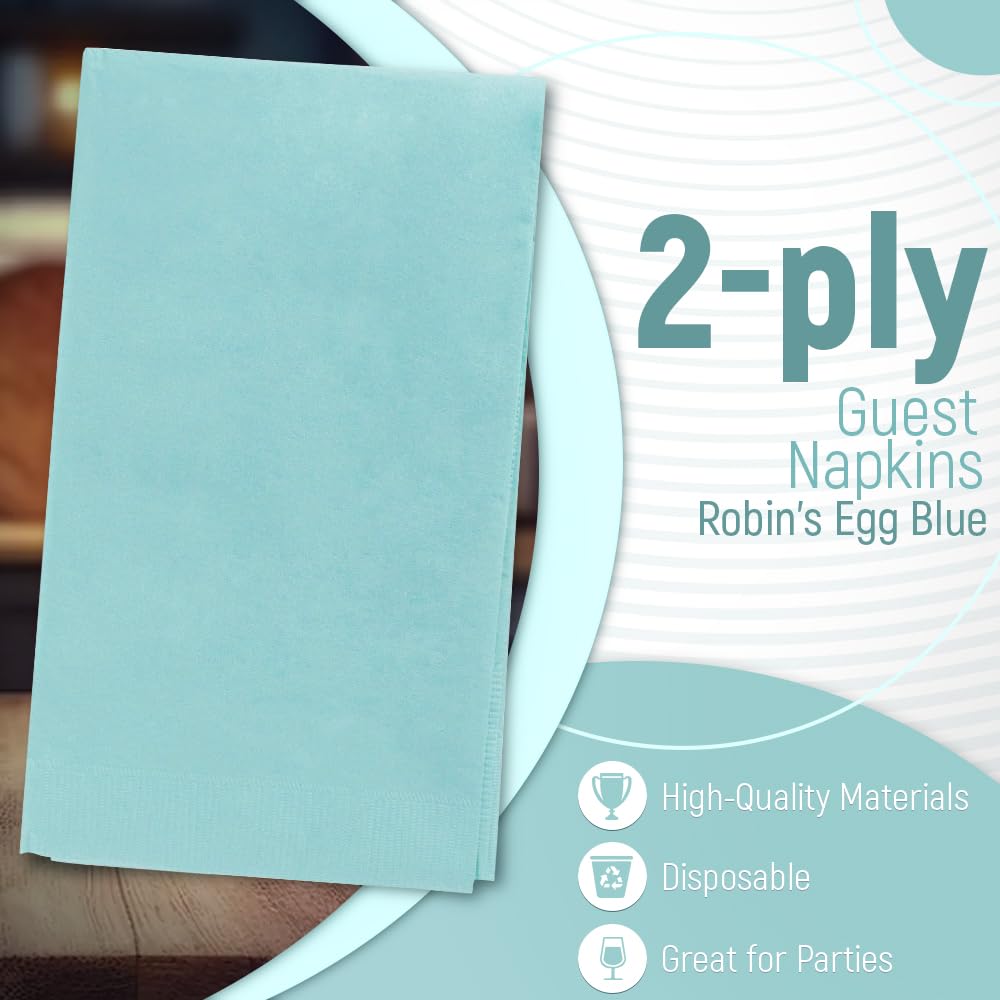 Robin's Egg Blue 2-Ply Guest Towels - 8" x 4" (Pack Of 40) - Luxury Paper Hand Towels For Parties & Events