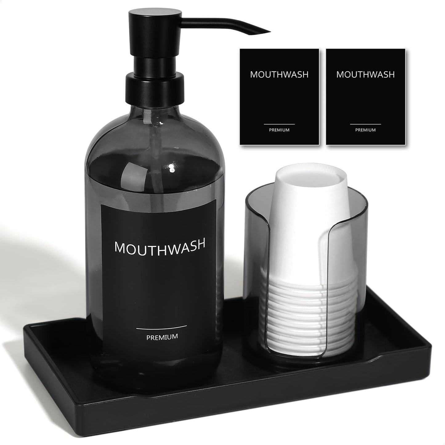 TOLDATLI Mouthwash Dispenser for Bathroom, Glass Mouth Wash Pump Dispenser with Cup Holder, 17 Fl Oz Mouthwash Bottle Decanter with Tray, Refillable Mouthwash Dispenser Container (Clear Black)