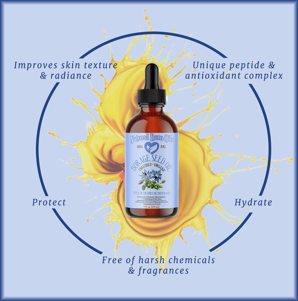 Natural Born Oils Borage Seed Oil, 16oz, Organic, Cold-Pressed, Carrier Oil, High GLA, Vitamins & Minerals, Deep Skin Nourishment, Hair Vitality
