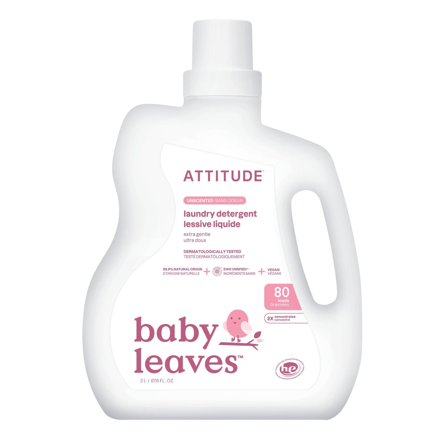 ATTITUDE Baby Laundry Detergent, Unscented HE Compatible Liquid, Extra Gentle, Concentrated, EWG Verified, Dermatologist Tested, Vegan, 80 Loads, 67.6 Fl Oz