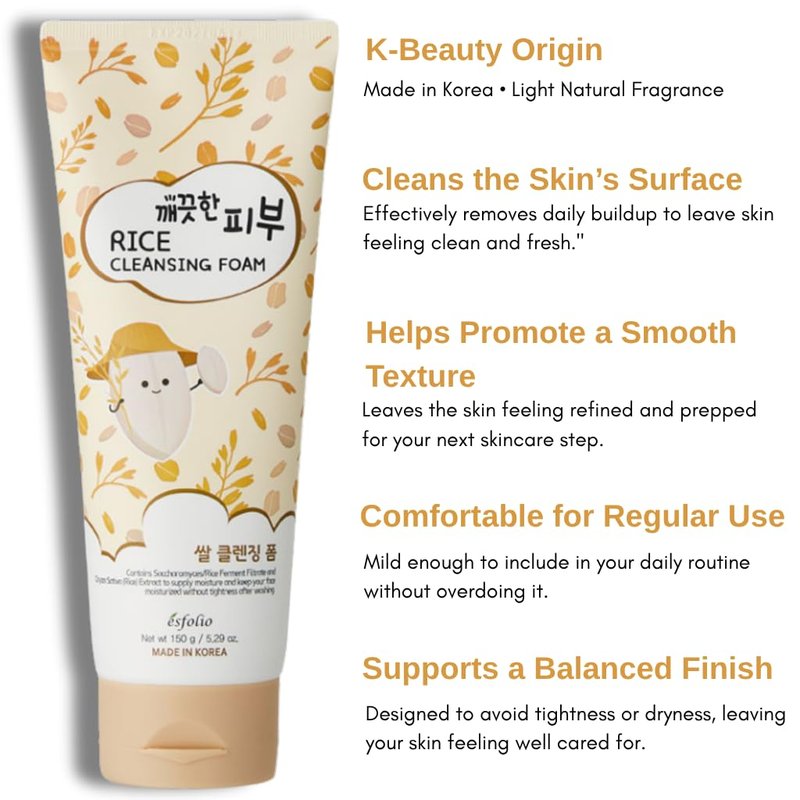 esfolio Rice Cleansing Foam Face Wash – Gentle Daily Facial Cleanser with Soft Creamy Foam – Suitable for All Skin Types – Helps Remove Dirt, Oil, and Impurities Without Drying (5.29oz -150g)