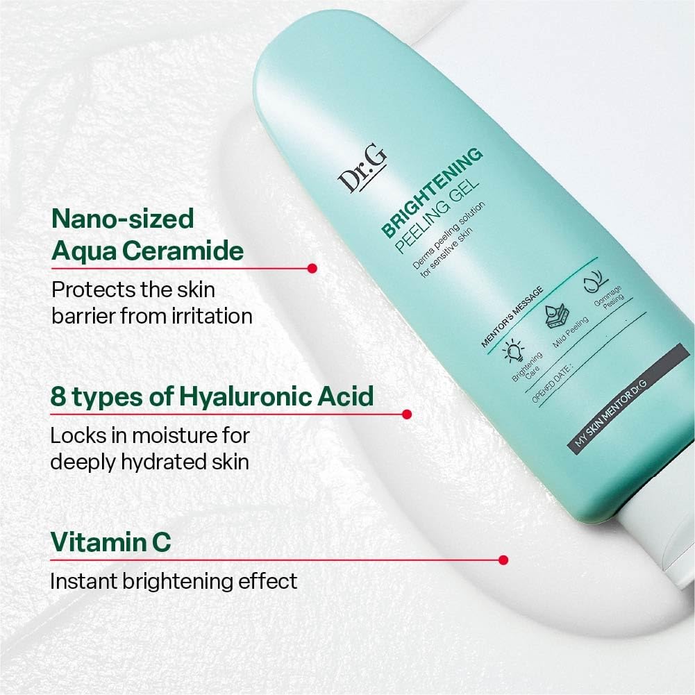 Dr. G Brightening Peeling Gel - Korean Skincare for Glowy Skin - Aqua Gommage Facial Exfoliator - Hyaluronic Acid, Ceramides, Vitamin C - Smooth Skin Texture, Low Irritation - Bulk Items - 4.23 fl oz