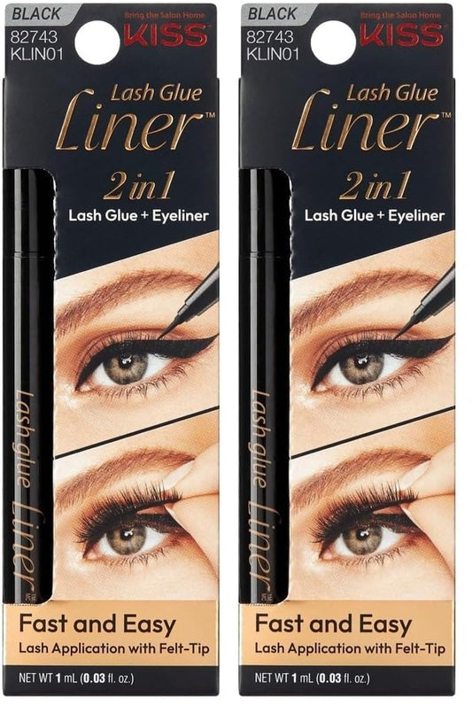 KISS Lash GLUEliner, Matte Finish, Foolproof Easy Touch-Up False Eyelash Glue and Eyeliner, Two in One Liner and Lash Glue, Black, 0.7 mL, 0.02 fl. oz. (Pack of 2)