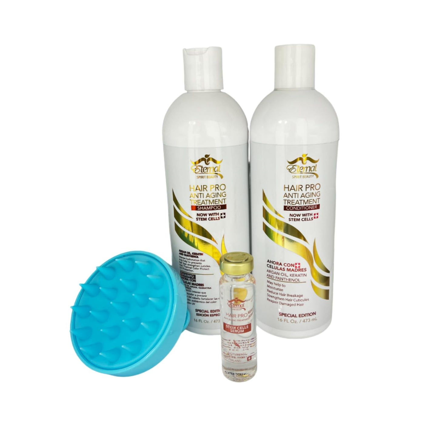 Eternal Spirit Beauty Hair Pro Anti Aging Treatment Shampoo and Conditioner, Serum, Scalp Massager Brush. Revitalize with Swiss Stem Cells, Argan Oils, Keratin. 32 Fl Oz