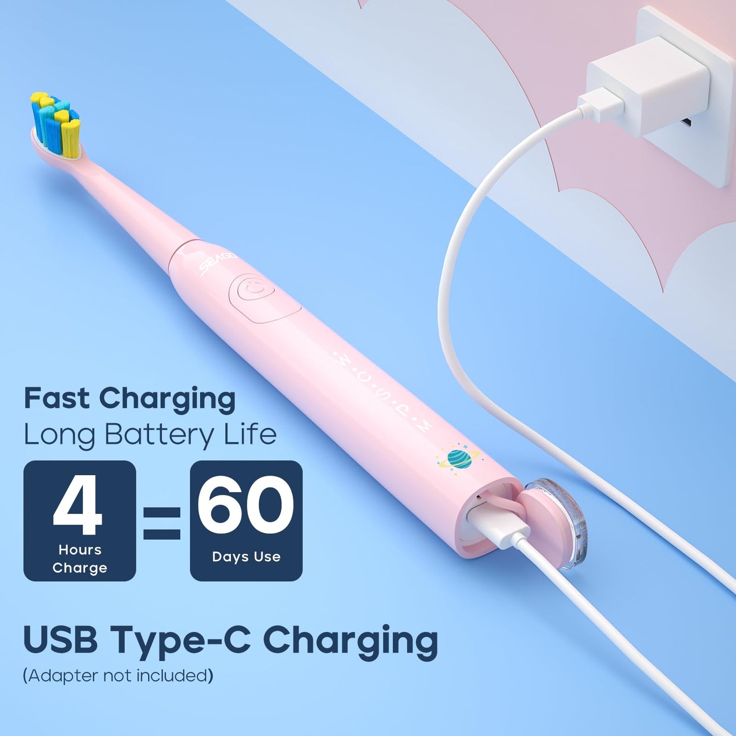 SEAGO Kids Electric Toothbrush, Rechargeable Sonic Soft Bristle Toothbrushes with 8 Brush Heads, DIY Stickers and 5 Modes, Ideal for Kids and Children, Ages 3–12,SG2303(Pink)