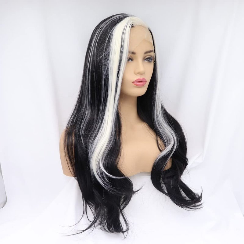 melody wig Natural Black Wig Synthetic Streaked Black/Blonde Mixed Lace Front Wigs For Women Hair Heat Resistant Fiber Long Straight Wigs Cosplay Part
