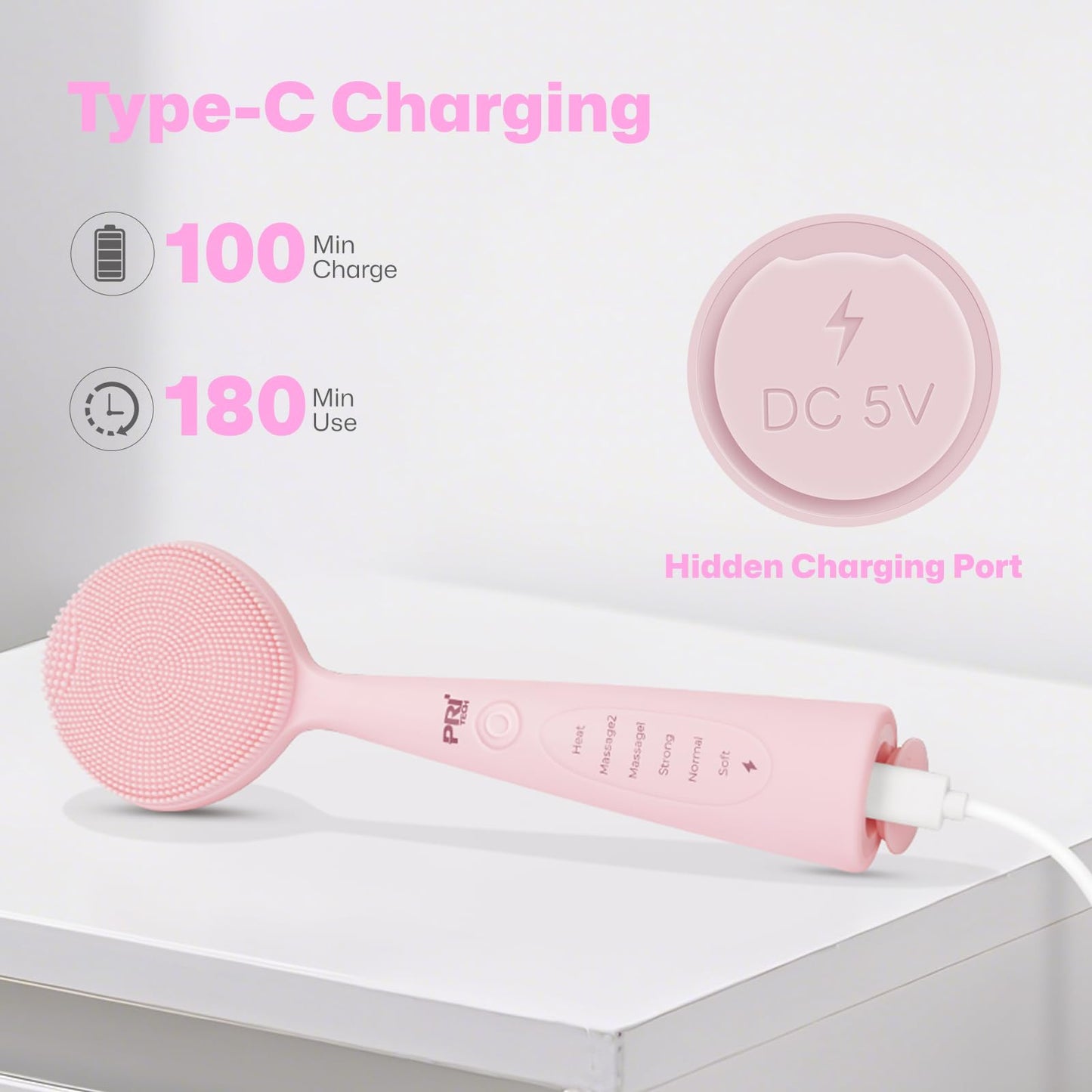 PRITECH Facial Cleansing Brush with Vibrating, Rechargeable Silicone Face Scrubber for Deep Pore Cleaning, Exfoliator & Waterproof Face Brush with Heat End for for Women and Men (Pink)
