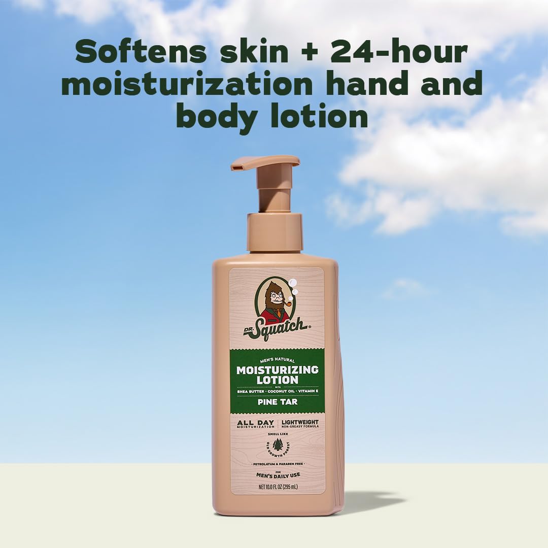 Dr. Squatch Natural Hand and Body Lotion for Men - Made with Shea Butter, Coconut Oil, Vitamin E for 24-Hr Moisturization - Pine Tar (10 fl oz, 2-Pack)