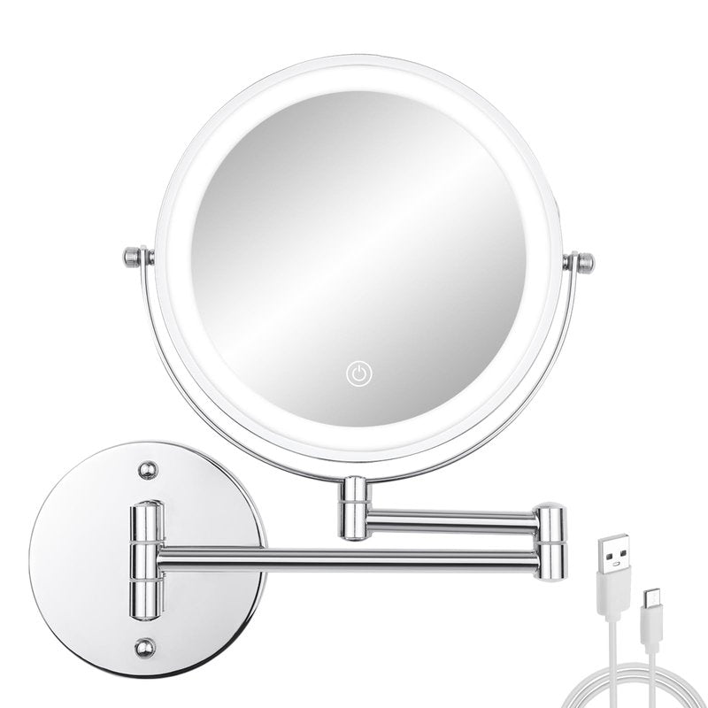 FFowcye 8" LED Wall Mounted Makeup Mirror, 1X/10X Magnifying Vanity Mirror with 3 Color Modes, 2000mAh Rechargeable 360° Swivel Extendable Arm, Polished Chrome for Bathroom Makeup, Shaving, Skincare