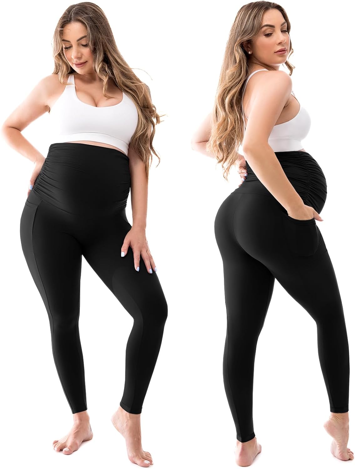 Women's Maternity Leggings with Pockets - Over The Belly Pregnancy Yoga Pants | Activewear Workout Leggings