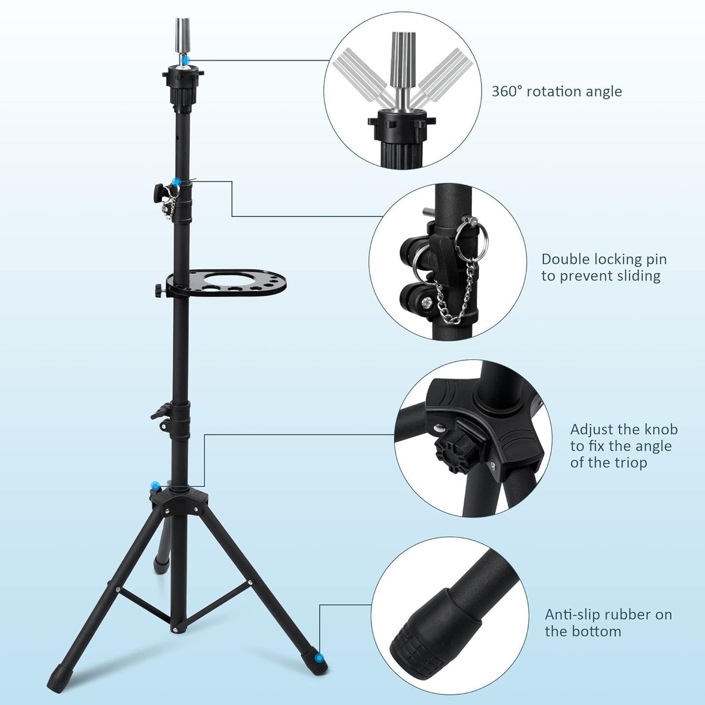 Klvied Wig Stand Tripod for Braiding Practice and Wig Styling, Adjustable 25-53.5 Inch Mannequin Head Stand with Tool Tray and Travel Bag, Fits Most Open-Bottom Heads, Black