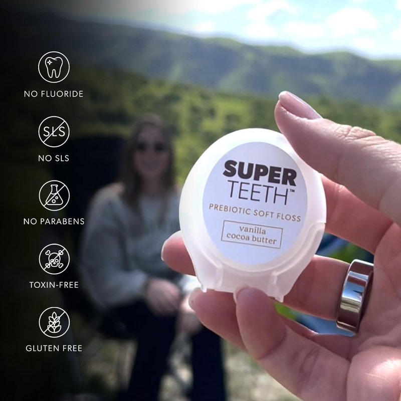 SuperTeeth Prebiotic Soft Floss with Hydroxyapatite and Xylitol, Expanding Dental Floss for Adults & Kids, Helps Sensitive Gums, Strengthen Enamel, Natural Plaque Remover, Fluoride & PFA-Free, Vanilla