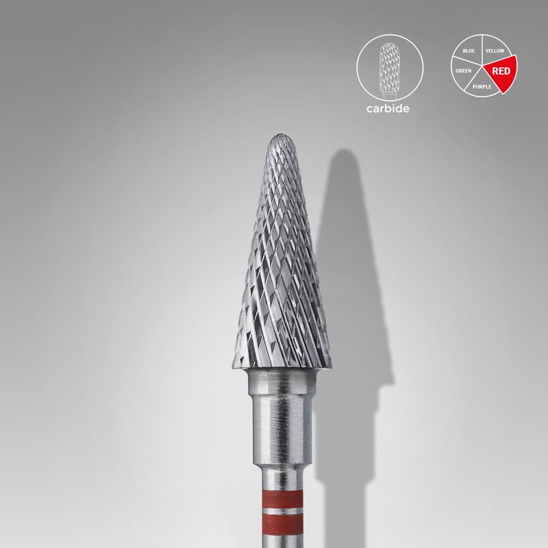 STALEKS PRO Expert Carbide Nail Drill Bit (Cone, Red, 6mm Head / 14mm WP) – for Left-Handed Users – Soft Hardness for Artificial Nail Correction & Skin Processing in Hardware Manicure/Pedicure