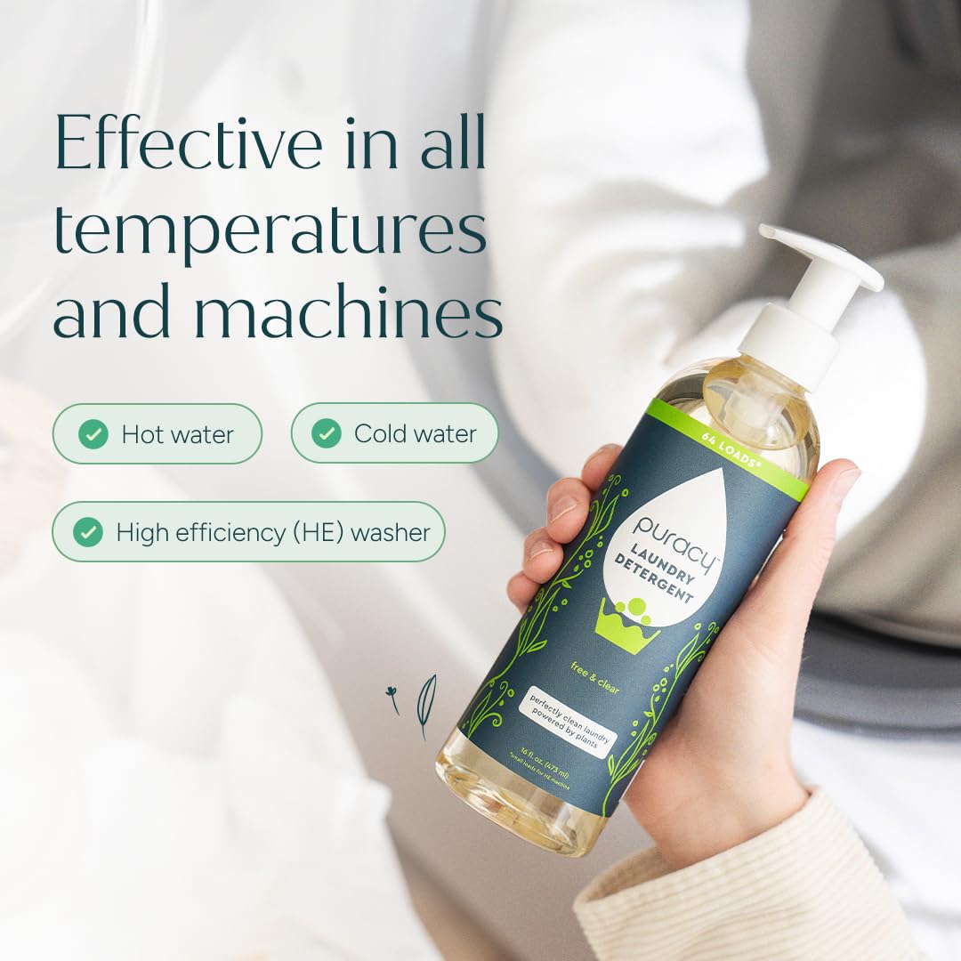 Puracy Laundry Detergent - Enzyme-Powered Liquid Laundry Detergent Concentrate, Natural Laundry Detergent Seen on TikTok, Non-Toxic (Free & Clear, 16 fl oz, 64 Loads)