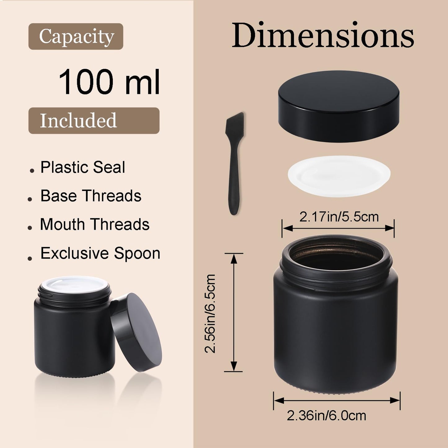 Lustervial 16Pack 4oz small glass jars with lids, lotion container, cosmetic containers, little travel jars for creams with mini spoon, Black Label (Matte Black)
