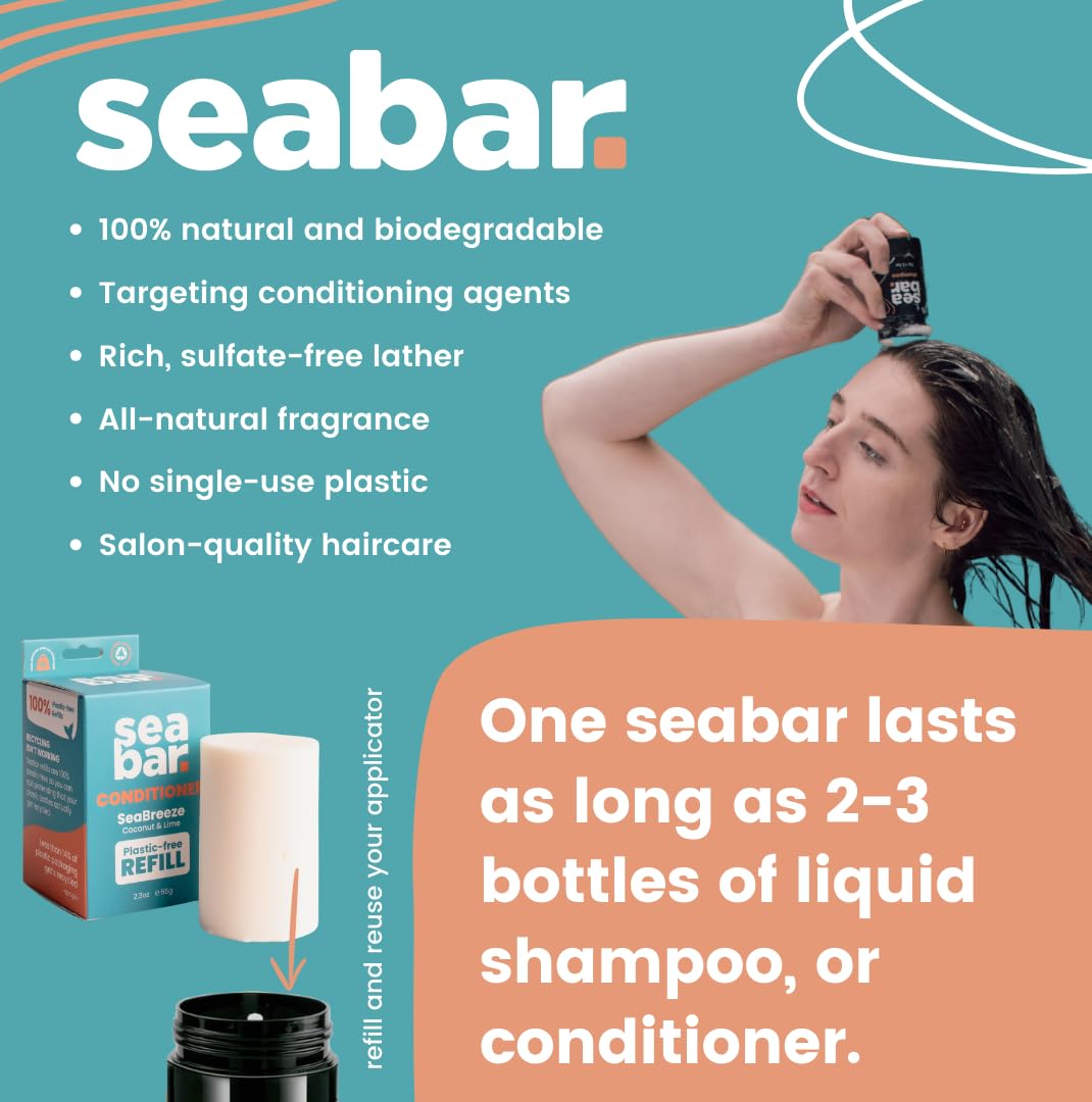 SeaBar Shampoo and Conditioner Bar Set with Refillable Applicator - Salon-Quality Cleanse & Condition – Volume & Soft, Manageable Lengths - Sulfate & Silicone-Free, TSA-Friendly - Coconut & Lime