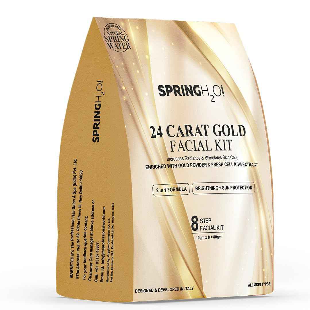 SPRING H2O 24 Carat Gold Facial Kit 80gm| 2 in 1 Formula Brightning+Sun Protection| Enriched with Fresh Cell KIWI Extract and Gold Powder|Simple 8 Step
