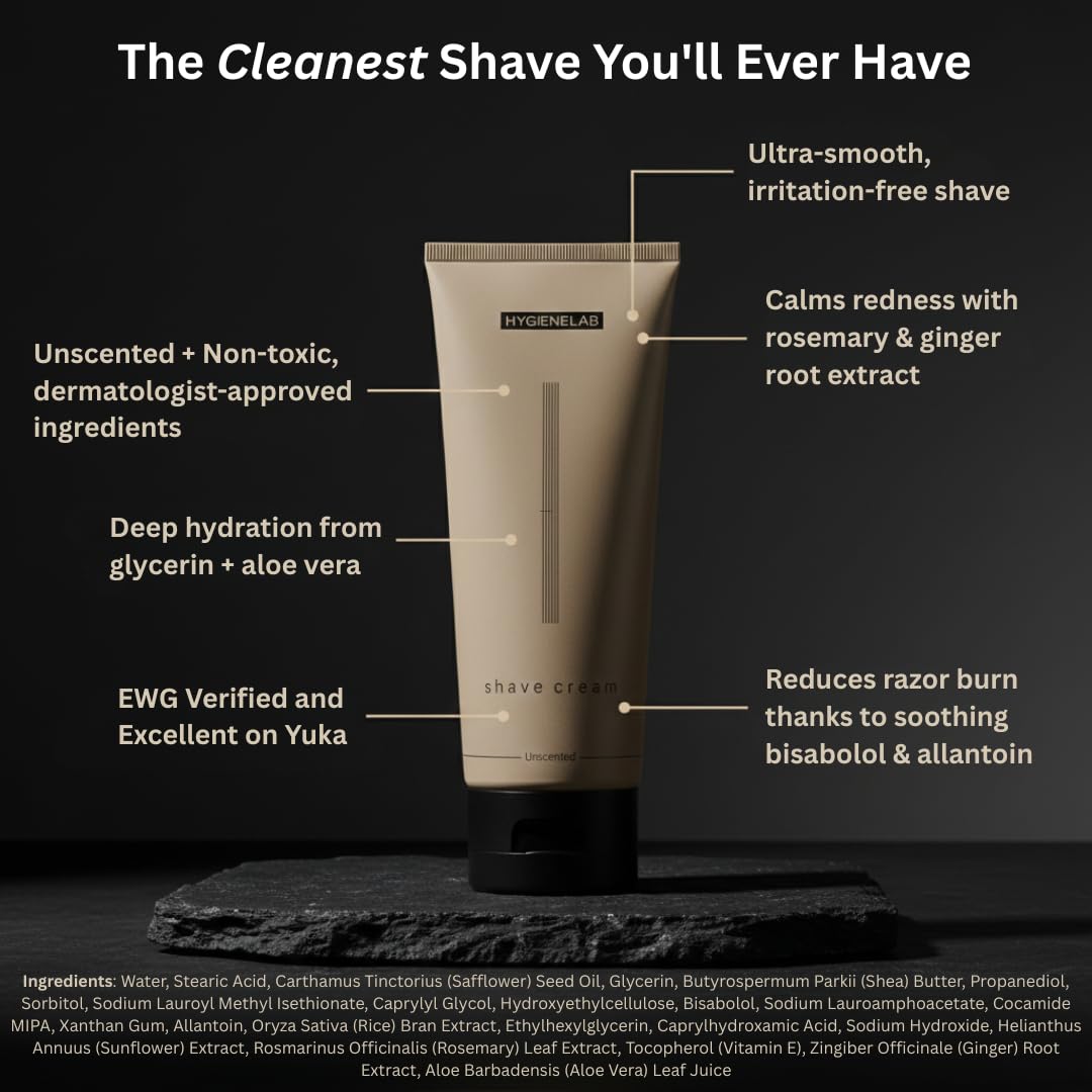 HygieneLab Shaving Cream - Fragrance-Free, Non-Toxic Aloe Vera & Shea Butter Formula for Sensitive Skin | 6.76 oz