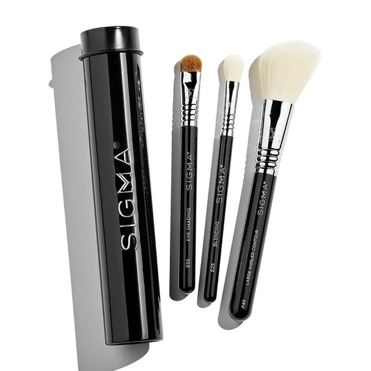 Sigma Beauty Travel Essential Trio - Makeup Brush Set for Foundation Powder Eyeshadow - 3 Tool Brushes with Brush Tin Holder - Skin Safe, Vegan Makeup Brushes for Travel - Black