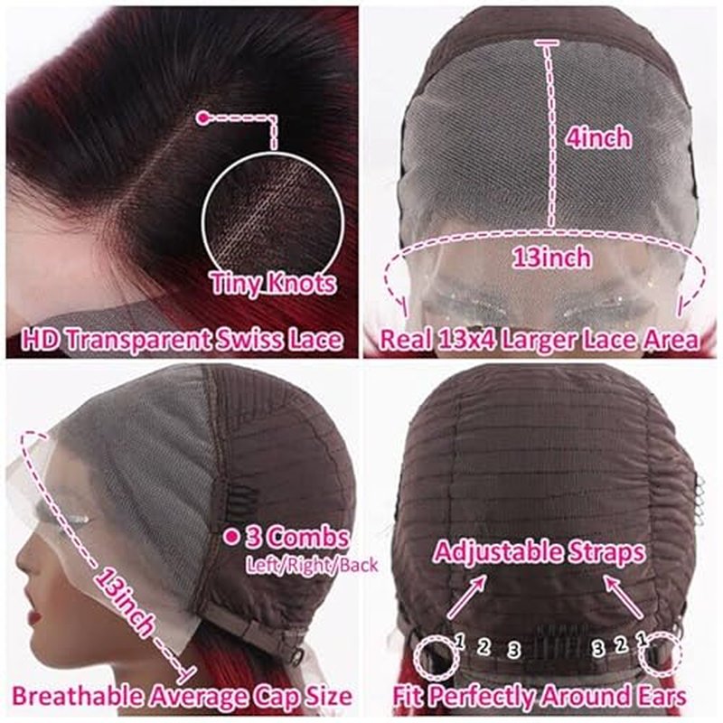 Flady 1B 99j Bob Wig Human Hair 13x4 HD Frontal Lace Wig 150% Density 1B Burgundy Lace Front Wigs Human Hair Pre Plucked Red Frontal Bob wig Short Straight Bob Wigs for Black Women 14 inch