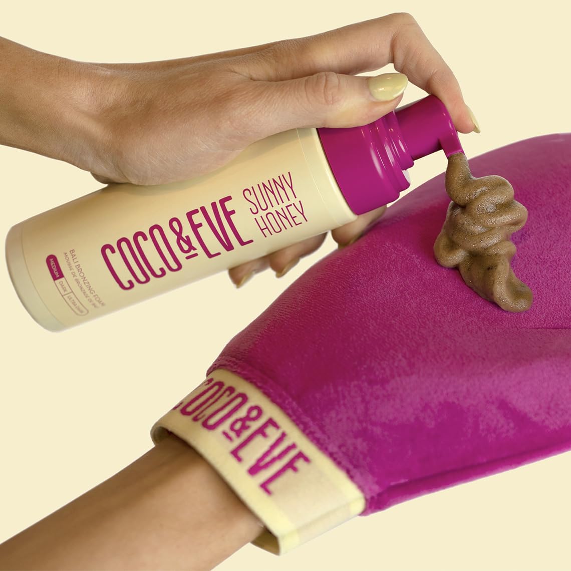 Coco & Eve Self Tanner Foam Kit - (Dark) Streak-Free Sunless Tanning Mousse, Tropically Scented Natural Looking Tan & Included Mitt Applicator, Vegan, Cruelty Free | Sunny Honey Bali Bronzing