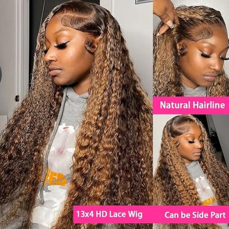 13x4 Highlight Ombre Deep wave Lace Front Wigs Human Hair for Black Women P4/27 Colored HD Transparent Honey Blonde Curly Lace Frontal Wigs Pre Plucked 180 Density with Baby Hair 28inch