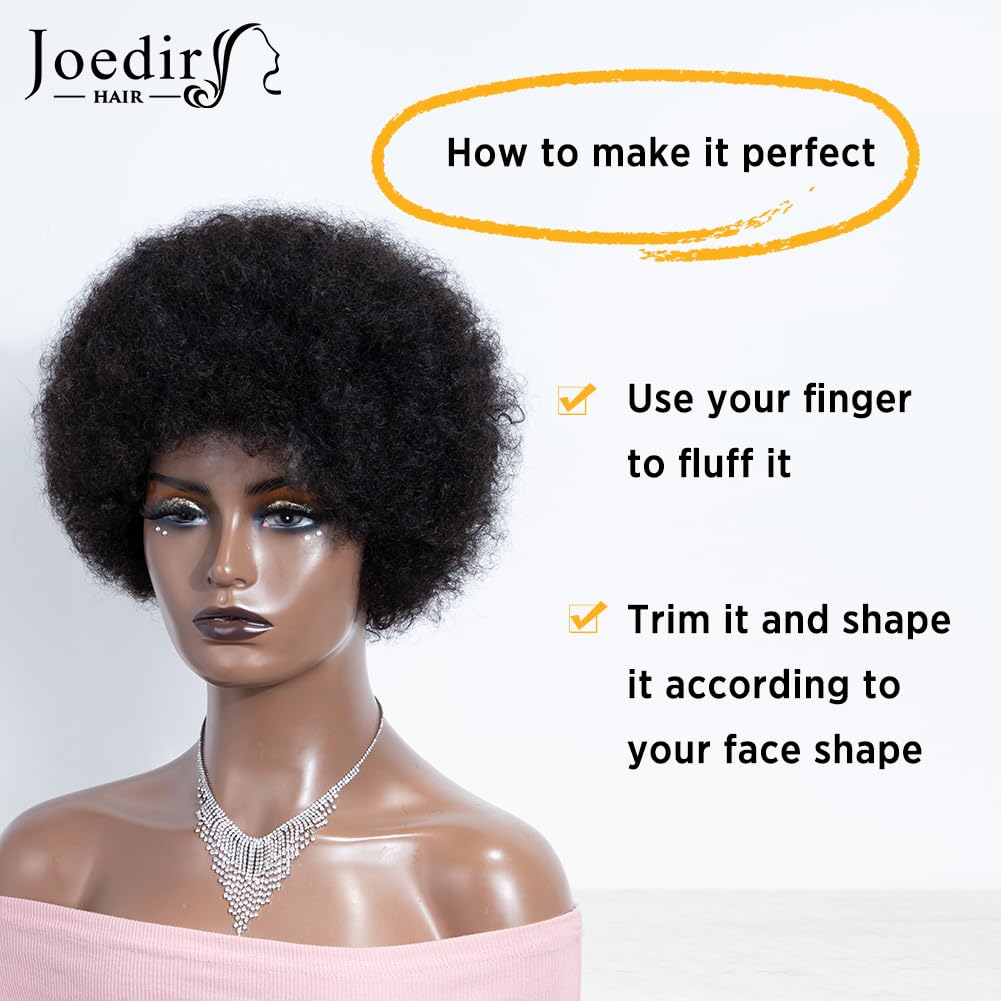 Joedir HAIR Short Afro Human Hair Wigs for Black Women Natural Black Afro Curly Wig Soft and Bouncy Glueless Wig 130% Density (Color: Natural)