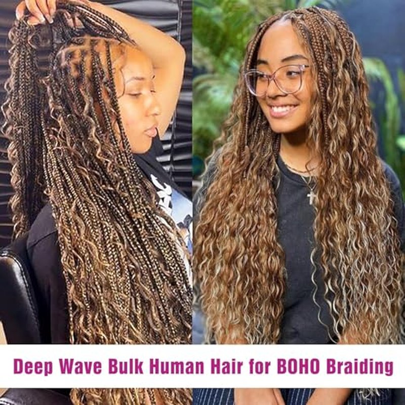 KRN 4/27 Braiding Hair Deep Wave Bulk Human Braiding Hair 2 Bundles/Pack 100g Curly Hair for Boho Braids 12A Salt And Pepper Braiding Human Hair No Weft Wet and Wavy Braiding Hair Extensions 24 Inch